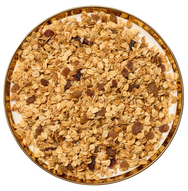 Oatmeal raisins cashews and almonds Granola in round plate