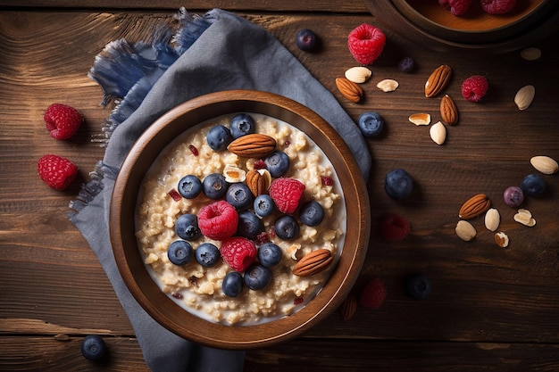 Oatmeal with berries and almonds on a wooden table