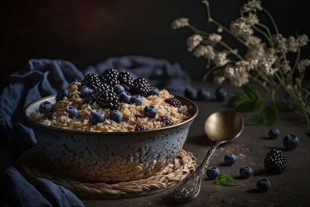 Oatmeal with blueberries and blackberry Illustration Generative AI