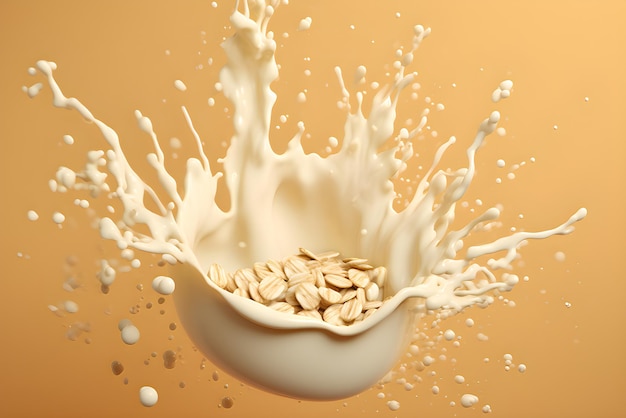 Oatmeal with milk splashes isolated on beige background generated by AI