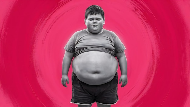 Obese boy who is overweight on a pink background