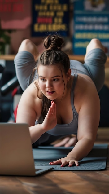 Obese chubby young european female with hair knot practicing yoga or pilates indoors on mat doing