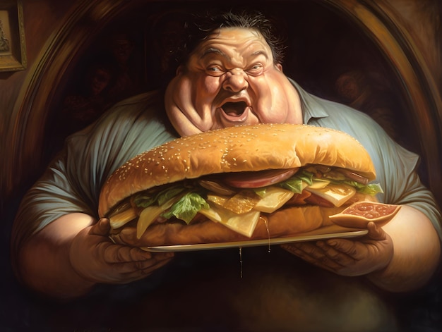 An obese man holding a giant sandwich