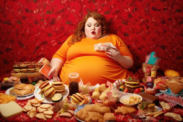 An obese woman eating junk food Generative AI