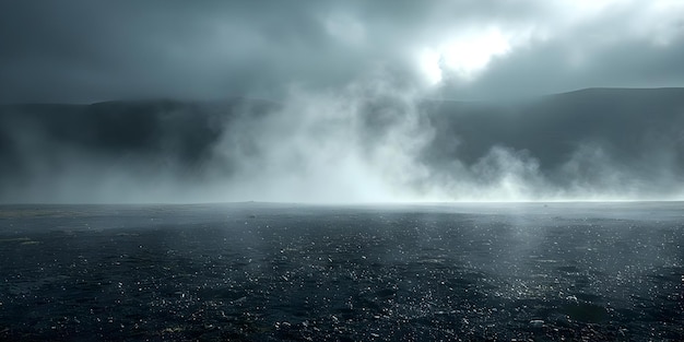 Obscure black smoke and white fog envelop the landscape with mist and steam beneath a shadowy setting Concept Dark and mysterious Eerie landscapes Smoke and fog Enveloping mist Shadowy setting