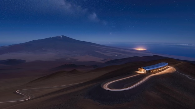 Observatory in a desert landscape under a starry night sky