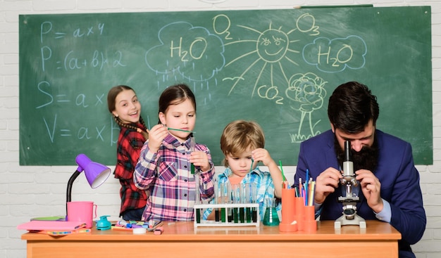 Observe reaction Science is always the solution School chemistry experiment Explaining chemistry to kids Fascinating chemistry lesson Man bearded teacher and pupils with test tubes in classroom