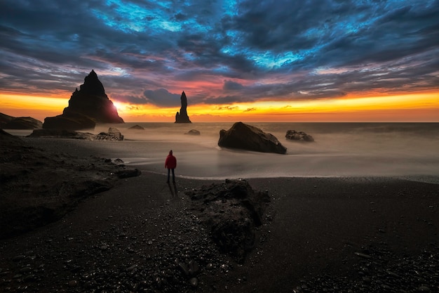 Observer on Viks black volcanic sand beach in Iceland