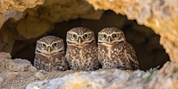 Photo observing a group of burrowing owls athene cunicularia in their natural habitat concept wildlife observation burrowing owls natural habitat bird behavior environmental conservation