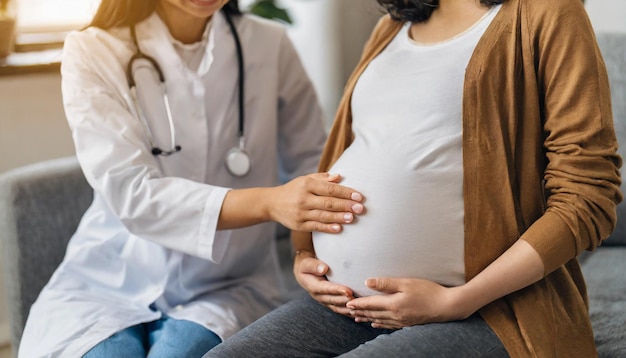 Obstetricians hand tenderly touches pregnant belly at home visit symbolizing maternal health and c