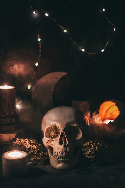 Occult mystic ritual halloween witchcraft scene - human scull, candles, dried flowers, moon and owl.