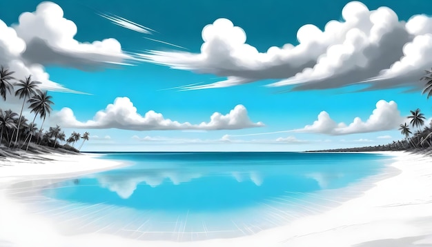 Ocean Beach Panorama Digital Painting Cloudy Sky Beautiful Nature Summer Background Design