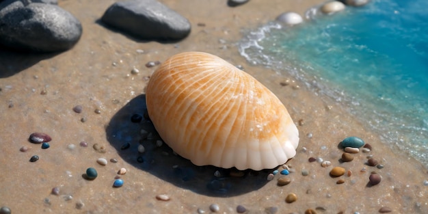 Ocean beach on a sunny day with one big shell and sea pebble Seascape illustration with sand beach surf wave and turquoise water Generative AI