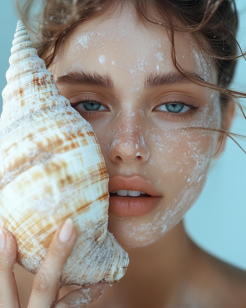 Ocean Beauty Model Holds a Large Sea Shell to Her Face for Brand Campaign