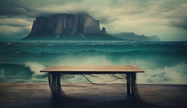 an ocean by a wooden table near the sea in the style of teal and cyan