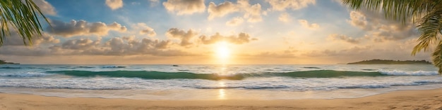 Ocean coast panorama in calm weather with small waves blue sky white clouds and bright sun Palm leaves in the foreground Seascape illustration Generative AI