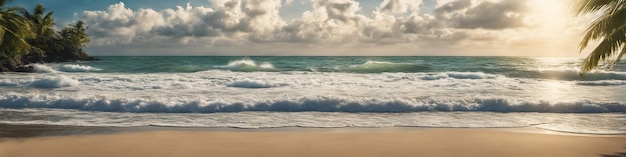 Ocean coast panorama in calm weather with small waves blue sky white clouds and bright sun Seascape illustration Generative AI