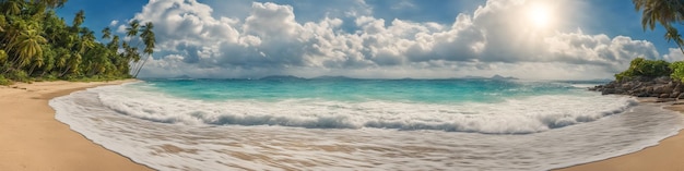 Ocean coast panorama in calm weather with small waves blue sky white clouds and bright sun Seascape illustration Generative AI