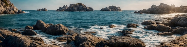 Ocean coast panorama with waves crashing on a rocky shore and big stones in the foreground in the water Seascape illustration Generative AI