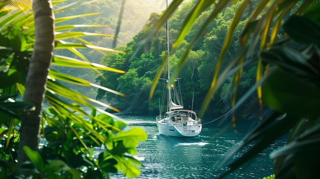 Photo an ocean cruising yacht is surrounded by lush greenery