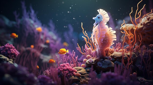 Ocean Depths Delight 3D Clay World at Night with Coral Reefs and Playful Baby Sea Creatures