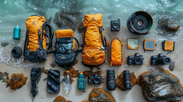 Photo ocean expedition gear displayed on beach