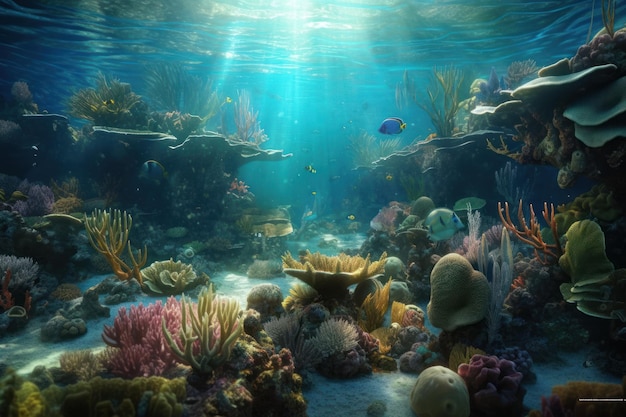 The ocean floor is a coral reef that is surrounded by corals and fish.