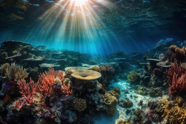 The ocean floor is covered in corals and the sun is shining on it.