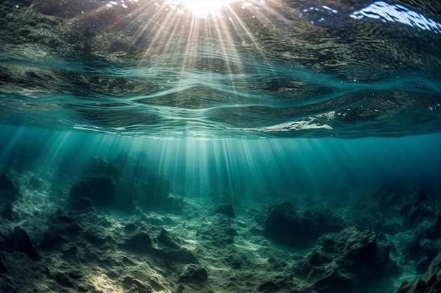 The ocean floor is covered in water and the sun is shining down.