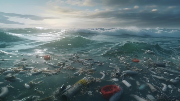 The ocean full of plastic waste microplastic polluting the sea Generative ai