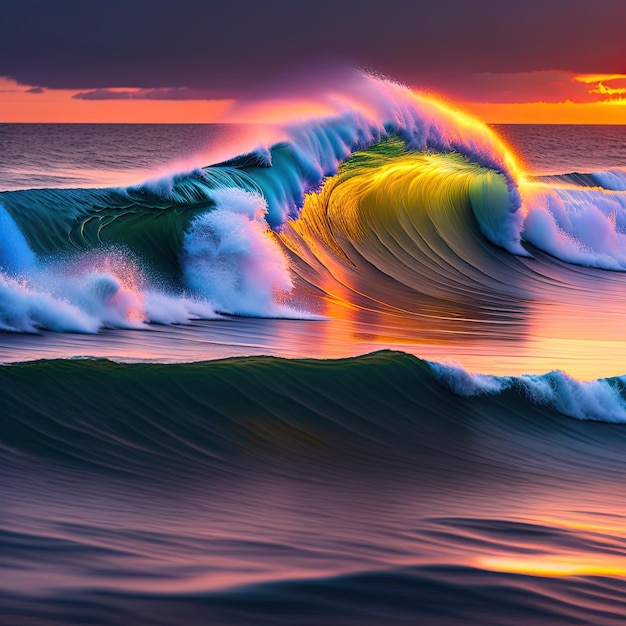 Ocean at high tide at sunset Colored ocean wave falling down at sunset time