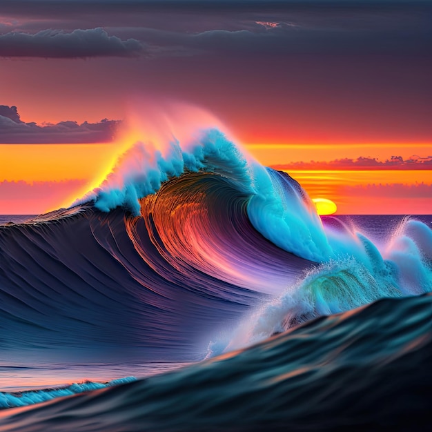 Ocean at high tide at sunset Colored ocean wave falling down at sunset time