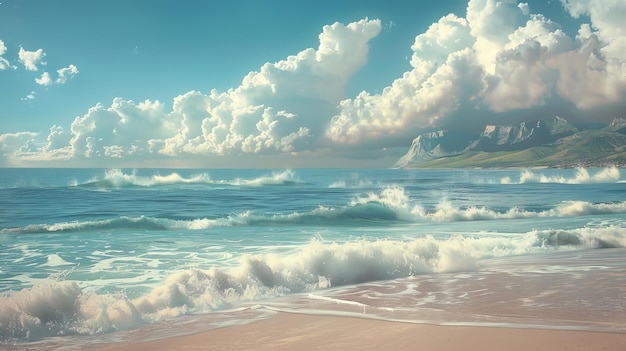 the ocean is a beach scene with the ocean and the sky is a painting of the ocean