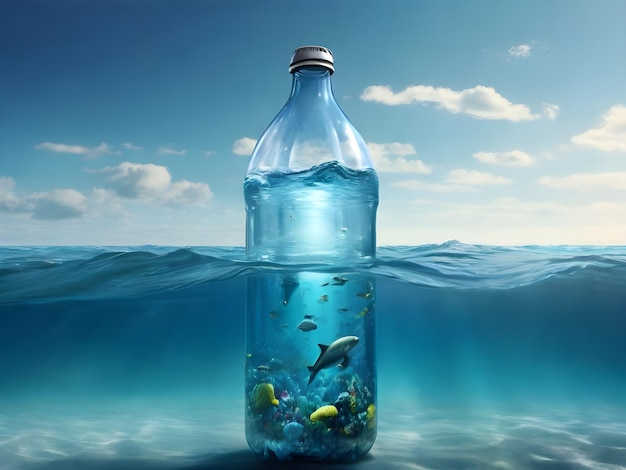 In the ocean a large large water bottle standing as it seems like a surrealistic picture