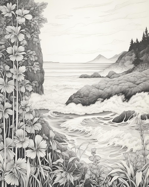 Photo ocean line drawings in lush landscape style