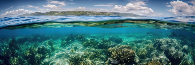 Ocean panoramic view from under the water with the visible border of the water and sky Generative AI