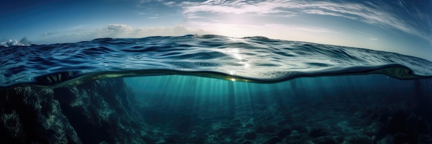 Ocean panoramic view from under the water with the visible border of the water and sky Generative AI