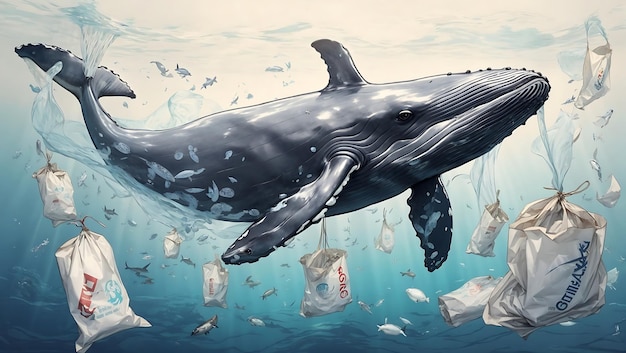 Ocean pollution campaign with whale swimming with plastic bags floating