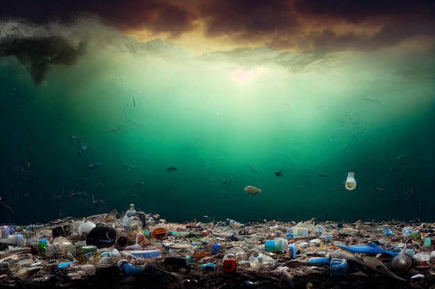 Ocean pollution Seabed with inhabitants and debris Plastic bottles glasses bags straws masks jars light bulb Global problem garbage under ocean sea Copy space