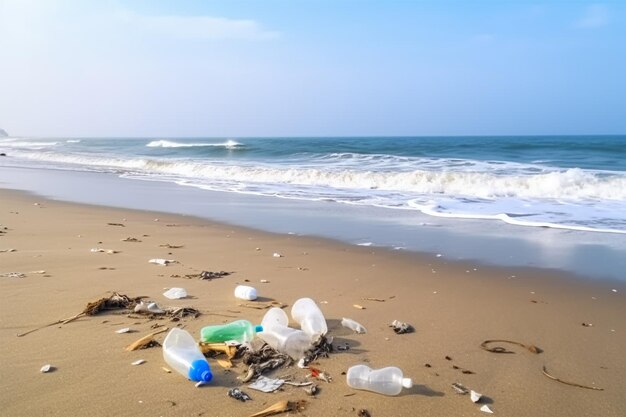 Ocean pollution with plastic waste Sea beach with ecological garbage National clean plastic day