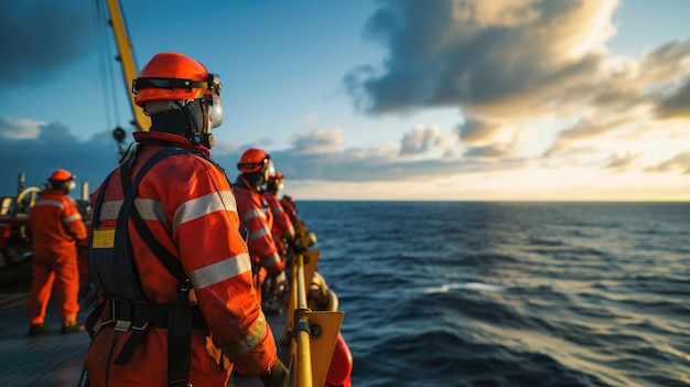 Ocean rig workers on water rig wearing helmets for protection aig