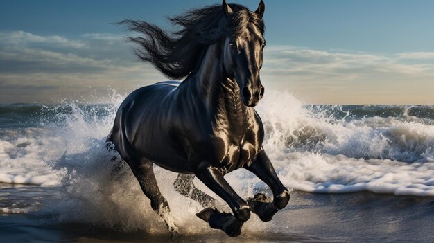 Ocean running animal black horse image Generative AI