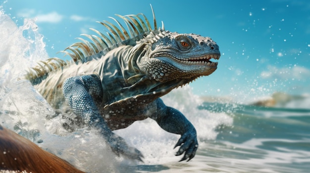 Ocean running Iguana animal best quality image Generative AI