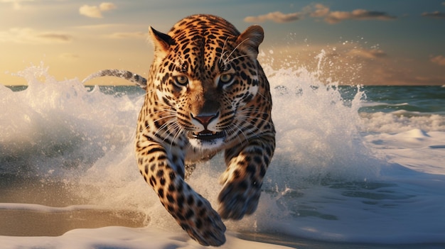 Ocean running Leopard animal best quality image Generative AI