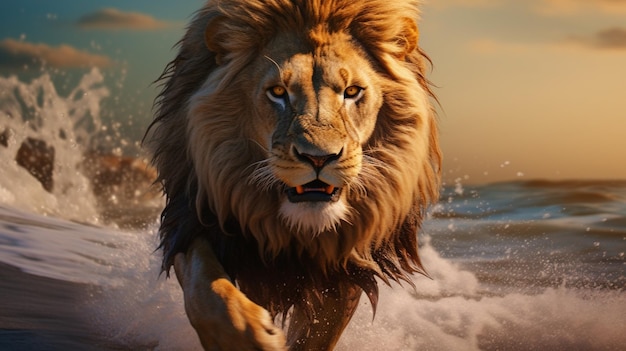 Ocean running Lion animal best quality image Generative AI