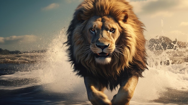 Ocean running Lion animal best quality image Generative AI