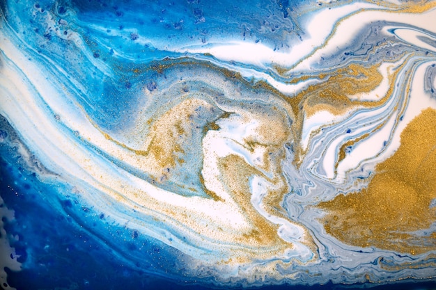 Ocean style marble liquid background blue and gold texture