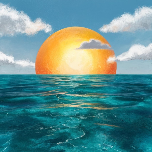 ocean and sun illustration with handpainted details