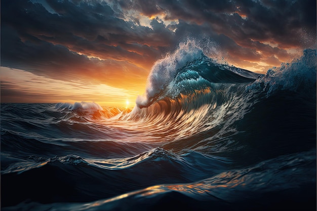 Ocean surface with big waves sunset Generative Ai