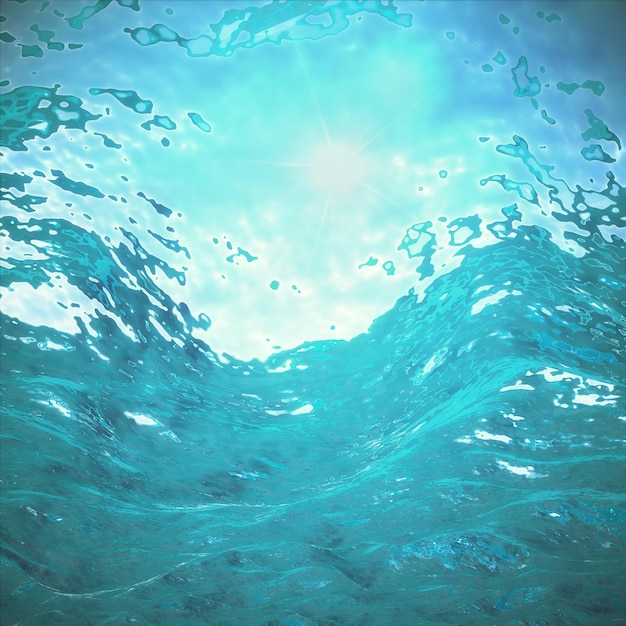 Ocean underwater with sun light through water surface 3d illustration